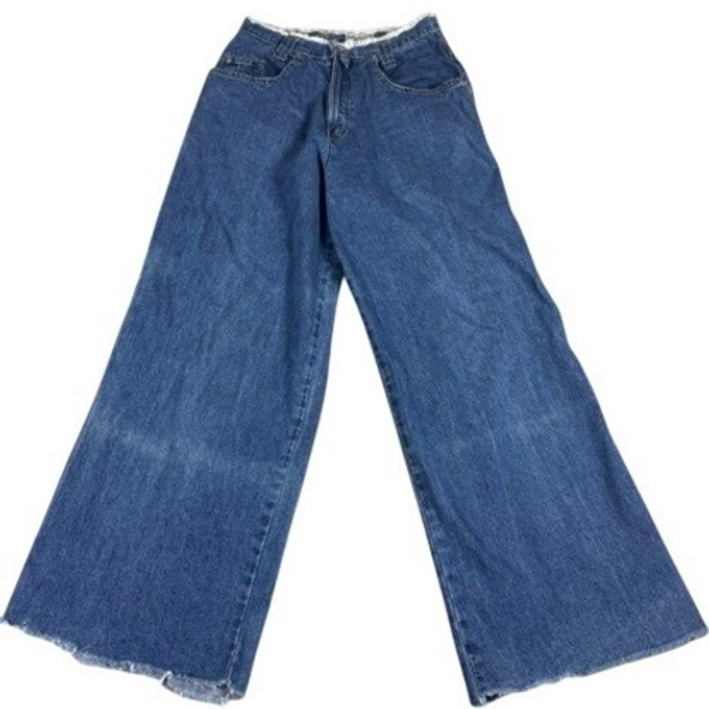 Skoozi Jeans‎ Women 5A Wide Leg High Rise Blue Denim Raw Hem Frayed Waist USA